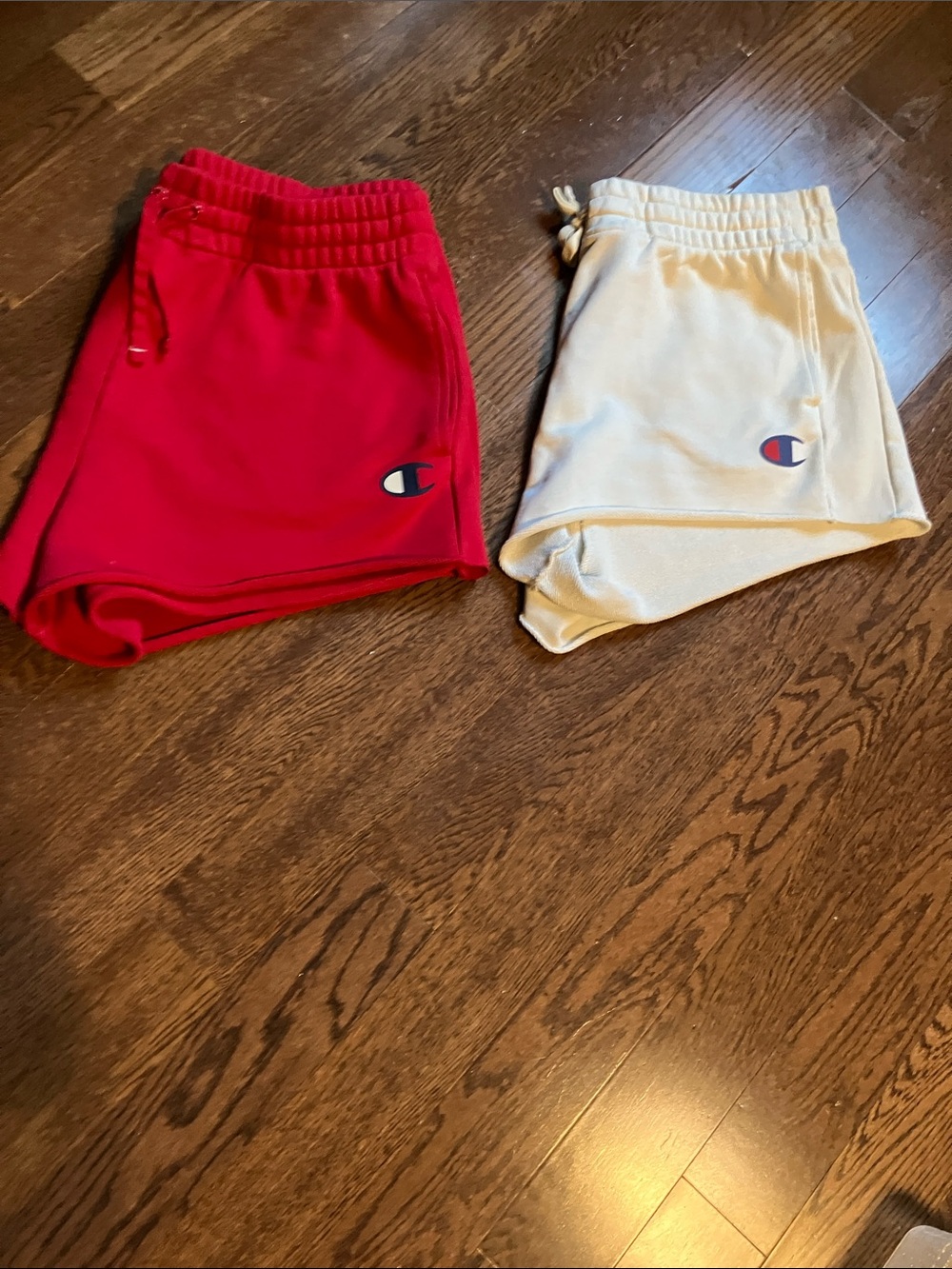 Champion Red and Cream Logo Shorts Duo ; pockets on BOTH sides & A FREE gift:):)